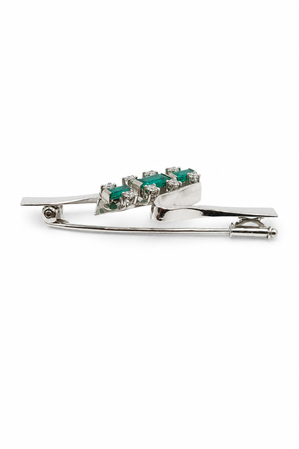 Smaragd Brosche aus 585/- Weißgold mit Diamanten